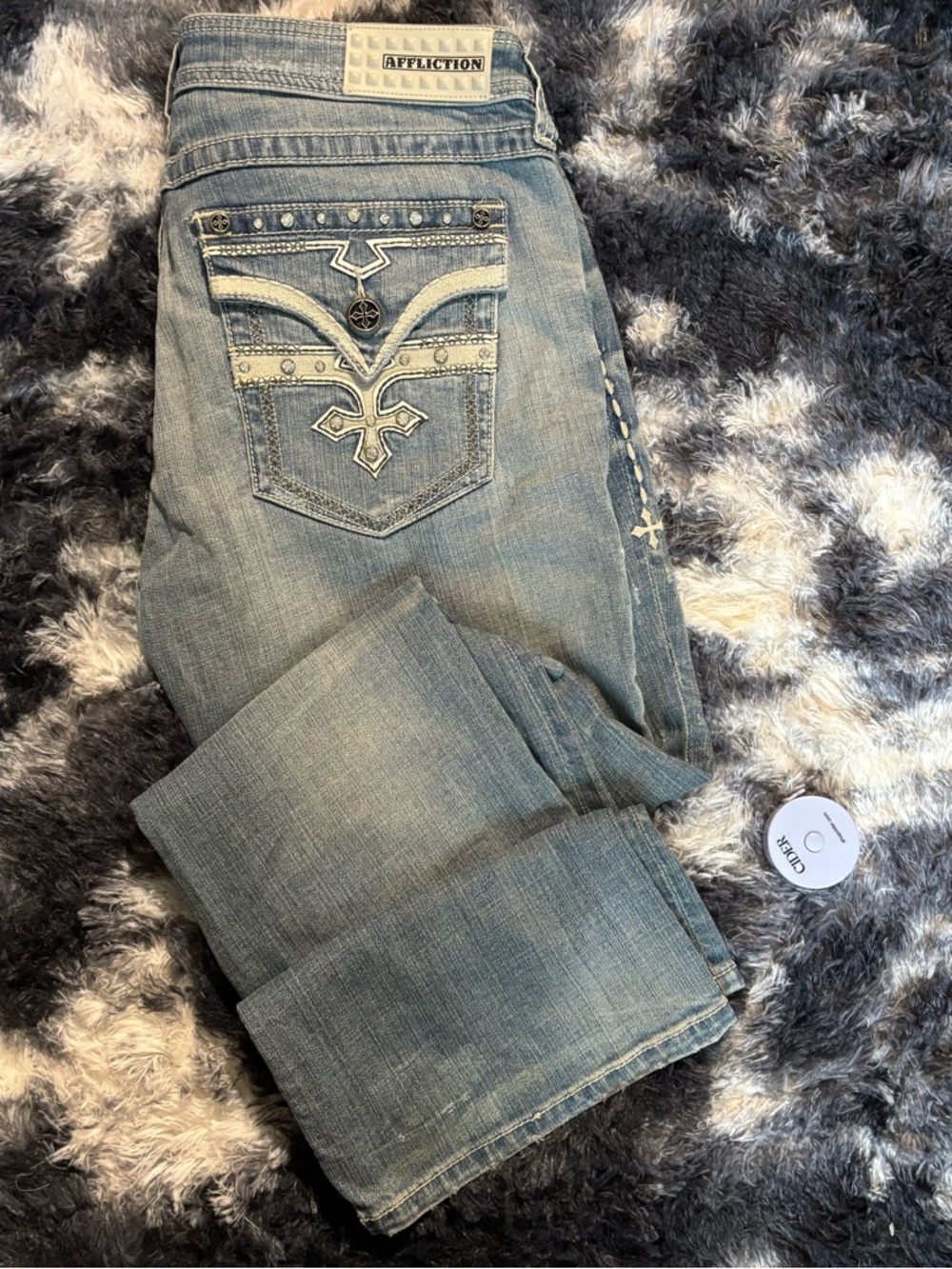 Affliction Women's Light Blue Straight Leg Jeans with Embellished Back Pockets